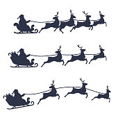 Santa Claus Sleigh and Reindeer set, black and white vector illustration.