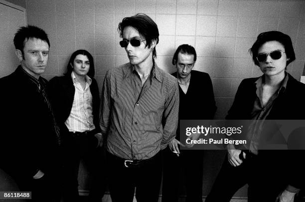 Photo of SUEDE; L-R: Simon Gilbert, Richard Oakes, Brett Anderson, Mat Osman, Neil Codling - posed, group shot