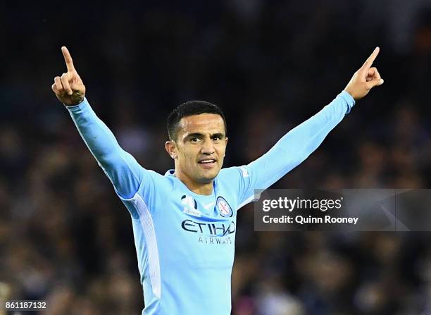 Tim Cahill of the City celebrates winning the round two A-League match between Melbourne Victory and Melbourne City FC at Etihad Stadium on October...