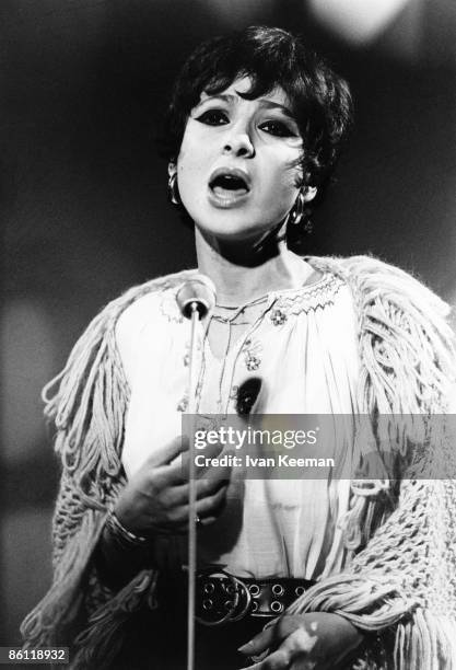 Israeli singer Esther Ofarim of Esther & Abi Ofarim performs the song 'Cinderella Rockefella' on the set of the BBC Television pop music television...