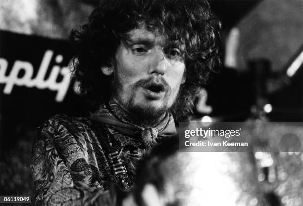 English drummer Ginger Baker performs live on stage with rock group Cream at the Seventh National Jazz and Blues Festival at Windsor racecourse in...