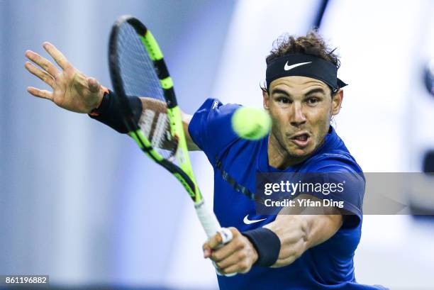Rafael Nadal of Spain plays a backhand during his Men's singles semi-final match against Marin Cilic of Croatia on day 7 of 2017 ATP Shanghai Rolex...