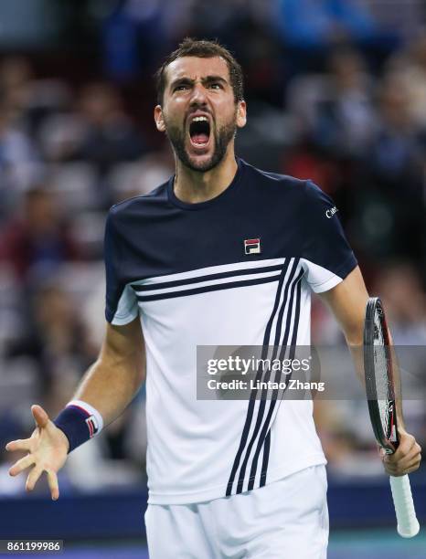 Marin Cilic of Coratia celebrates a point during the Men's singles Semifinal mach against Rafael Nadal of Spain on day seven of 2017 ATP Shanghai...