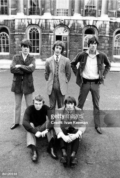 Pop group the Bee Gees posed on a street in London in 1967. Members of the band are, from left, Vince Melouney, Colin Petersen, Robin Gibb , Maurice...