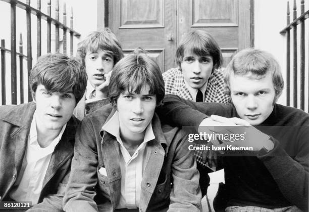 Pop group the Bee Gees posed on a street in London in 1967. Members of the band are, from left, Vince Melouney, Robin Gibb , Barry Gibb, Maurice Gibb...