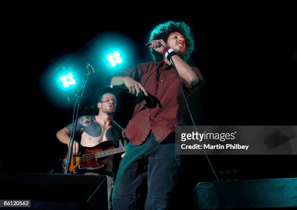 Photo of Zack de la ROCHA and Tim COMMERFORD and RAGE AGAINST THE MACHINE, Tim Commerford and Zack de la Rocha performing live onstage at Flemington...