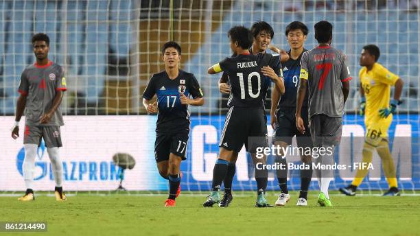 Keito Nakamura of Japan celebrates a scored goal against New Caledonia during the FIFA U-17 World Cup India 2017 group E match between Japan and New...