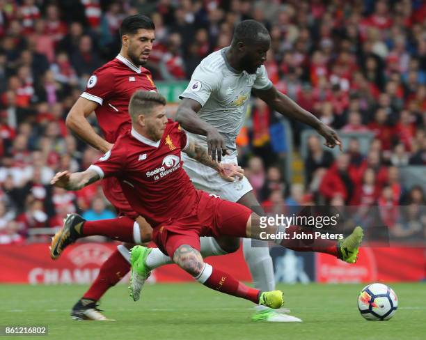 Romelu Lukaku of Manchester United in action with Alberto Moreno of Liverpool during the Premier League match between Liverpool and Manchester United...