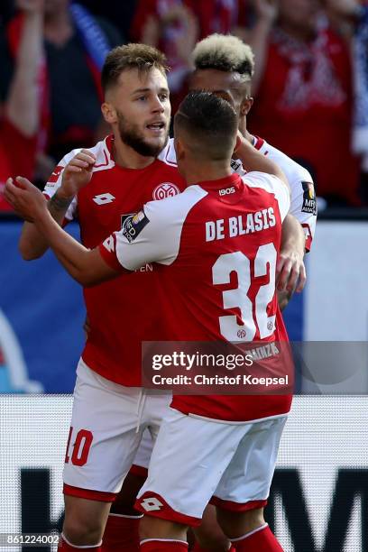 Alexandru Maxim of Mainz celebrates the first goal with Pablo de Blasis mas00 during the Bundesliga match between 1. FSV Mainz 05 and Hamburger SV at...