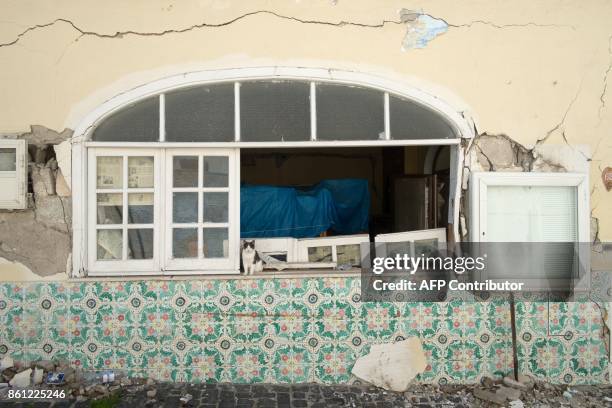 Picture shows a damaged building during the visit of Italian former Prime Minister and president of right-wing party Forza Italia, Silvio Berlusconi,...