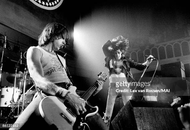 Circa 1977: American punk group The Ramones perform live on stage in The Netherlands circa 1977. L-R: Johnny Ramone, Joey Ramone, Dee Dee Ramone.