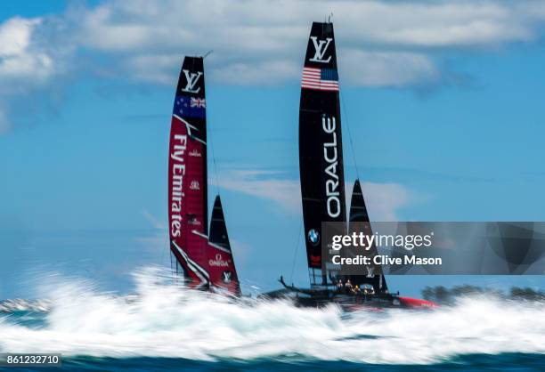 Oracle Team USA skippered by Jimmy Spithill in action racing against Emirates Team New Zealand helmed by Peter Burling on day 4 of the America's Cup...