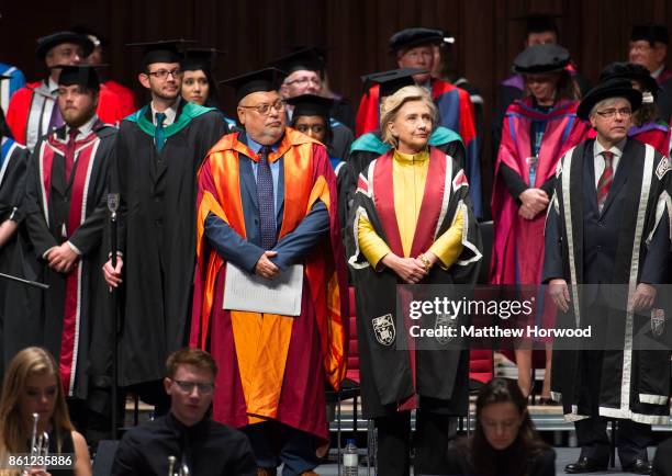 Hillary Clinton prepares to be presented with a Honorary Doctorate of Law at Swansea University on October 14, 2017 in Swansea, Wales. The former US...