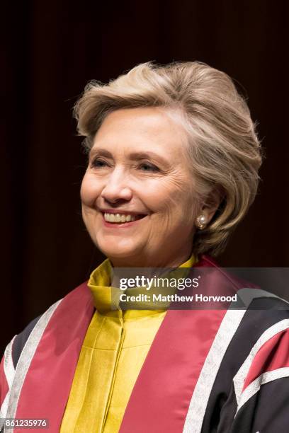 Hillary Clinton prepares to be presented with a Honorary Doctorate of Law at Swansea University on October 14, 2017 in Swansea, Wales. The former US...