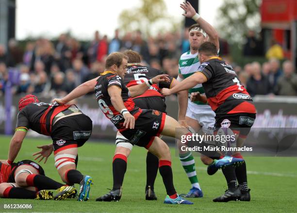 Sarel Pretorius of Dragons kicks the ball into touch during the European Rugby Challenge Cup match between Newcastle Falcons and Dragons at Kingston...