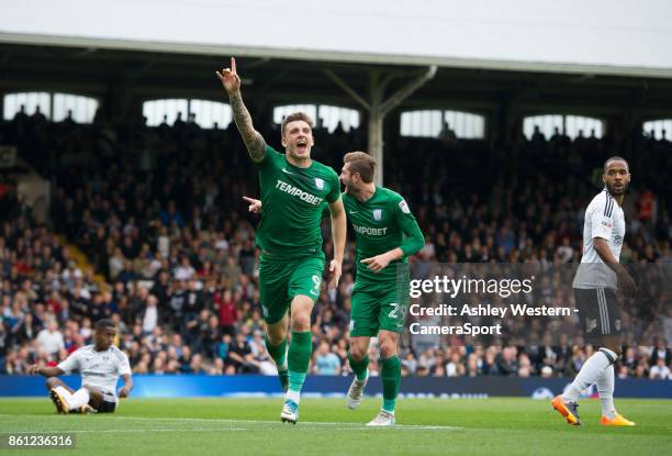 Preston North End's Jordan Hugill celebrates scoring the opening goal during the Sky Bet Championship match between Fulham and Preston North End at...