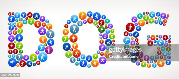 dog active lifestyle wellness vector buttons. - animal head human body stock illustrations