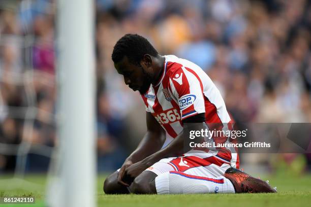 Mame Biram Diouf of Stoke City reacts during the Premier League match between Manchester City and Stoke City at Etihad Stadium on October 14, 2017 in...