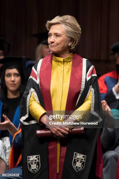 Hillary Clinton prepares to be presented with a Honorary Doctorate of Law at Swansea University on October 14, 2017 in Swansea, Wales. The former US...