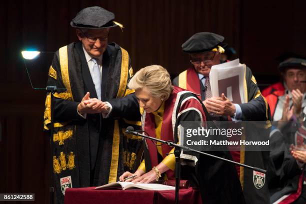 Hillary Clinton is presented with a Honorary Doctorate of Law at Swansea University on October 14, 2017 in Swansea, Wales. The former US secretary of...