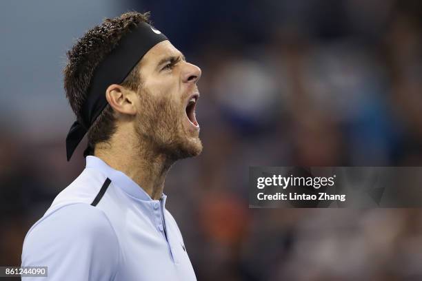 Juan Martin del Potro of Argentina reacts after losing the point during the Men's singles Semifinal mach against Roger Federer of Switzerland on day...