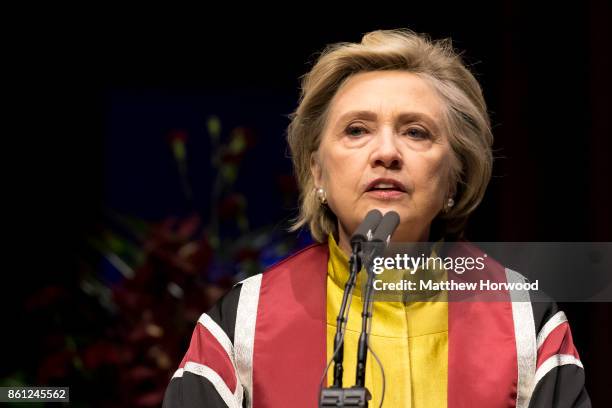 Hillary Clinton gives a speech as she is presented with a Honorary Doctorate of Law at Swansea University on October 14, 2017 in Swansea, Wales. The...