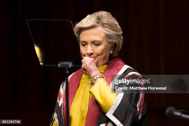 Hillary Clinton prepares to give a speech as she is presented with a Honorary Doctorate of Law at Swansea University on October 14, 2017 in Swansea,...
