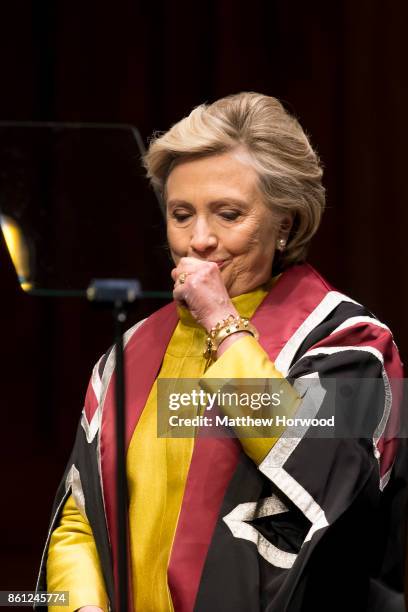 Hillary Clinton prepares to give a speech as she is presented with a Honorary Doctorate of Law at Swansea University on October 14, 2017 in Swansea,...