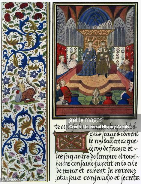 Illumination depicting Emperor Wenceslaus IV of Bohemia and King Charles VI of France . Dated 15th Century.