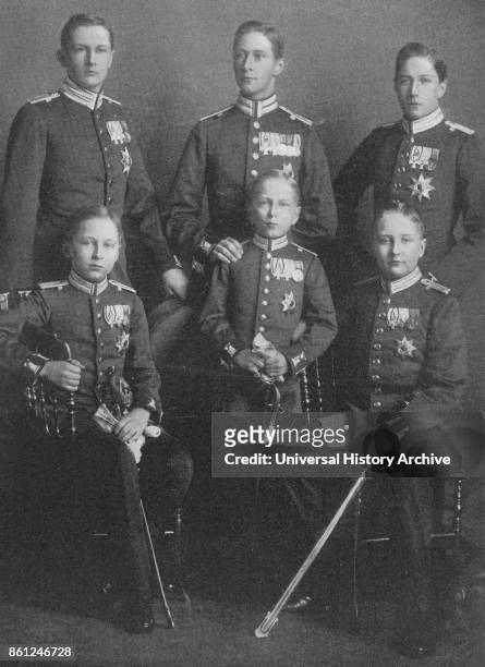 Photograph of Emperor Wilhelm II's sons (back row Prince Eitel Friedrich of Prussia , Wilhelm, German Crown Prince , Prince Adalbert of Prussia ,...