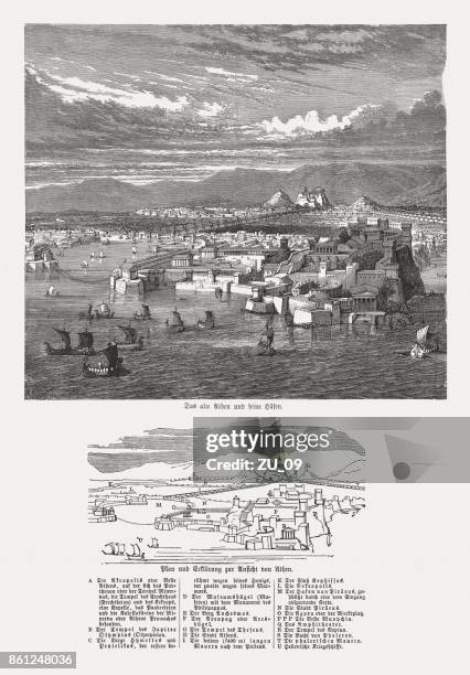 the ancient athens (with explanation of the buildings), published 1886 - piraeus stock illustrations