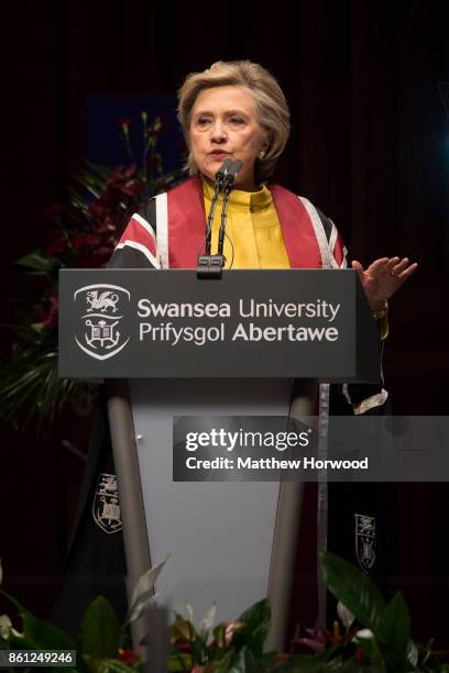 Hillary Clinton gives a speech as she is presented with a Honorary Doctorate of Law at Swansea University on October 14, 2017 in Swansea, Wales. The...