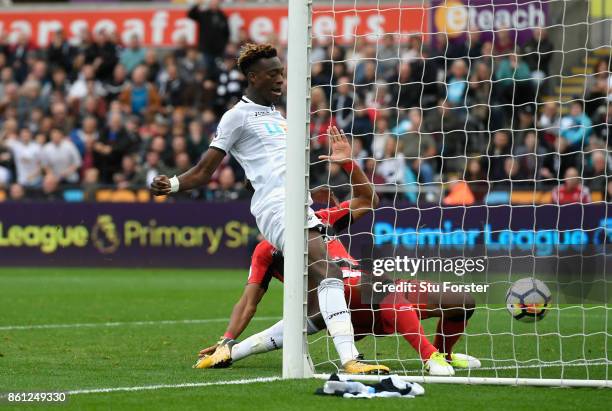 Tammy Abraham of Swansea City scores his sides second goal during the Premier League match between Swansea City and Huddersfield Town at Liberty...