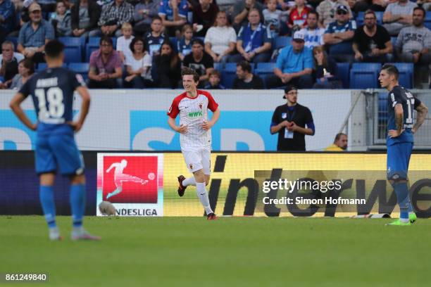 Michael Gregoritsch of Augsburg celebrates his goal to make it 1:1 during the Bundesliga match between TSG 1899 Hoffenheim and FC Augsburg at Wirsol...