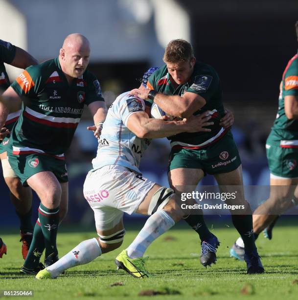 Tom Youngs of Leicester charges upfield during the European Rugby Champions Cup match between Racing 92 and Leicester Tigers at Stade Yves-Du-Manoir,...