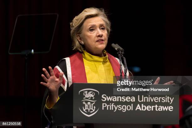 Hillary Clinton gives a speech as she is presented with a Honorary Doctorate of Law at Swansea University on October 14, 2017 in Swansea, Wales. The...