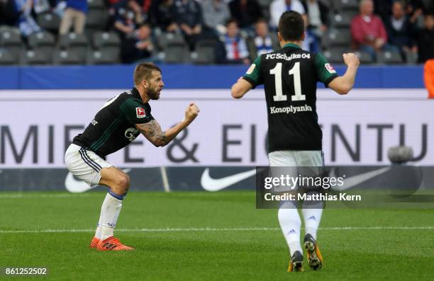 Guido Burgstaller of Schalke jubilates after scoring the second goal during the Bundesliga match between Hertha BSC and FC Schalke 04 at...