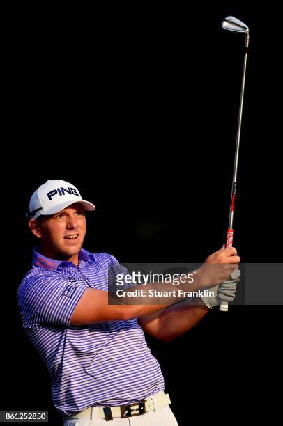 Matt Wallace of England plays a shot during the third round of the Italian Open at Golf Club Milano - Parco Reale di Monza on October 14, 2017 in...