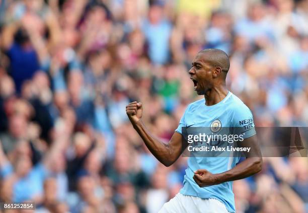 Fernandinho of Manchester City celebrates scoring his sides fifth goal during the Premier League match between Manchester City and Stoke City at...