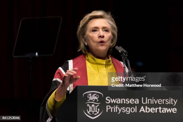 Hillary Clinton gives a speech as she is presented with a Honorary Doctorate of Law at Swansea University on October 14, 2017 in Swansea, Wales. The...