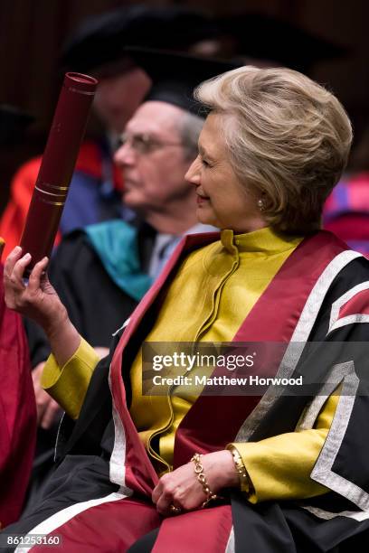 Hillary Clinton is presented with a Honorary Doctorate of Law at Swansea University on October 14, 2017 in Swansea, Wales. The former US secretary of...