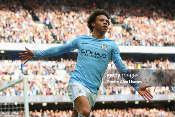 Leroy Sane of Manchester City celebrates scoring his sides sixth goal during the Premier League match between Manchester City and Stoke City at...