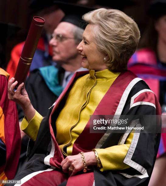 Hillary Clinton is presented with a Honorary Doctorate of Law at Swansea University on October 14, 2017 in Swansea, Wales. The former US secretary of...