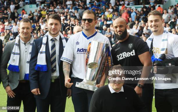 Leeds Rhinos players with the Super League Trophy at half time during the Sky Bet Championship match at Elland Road, Leeds.