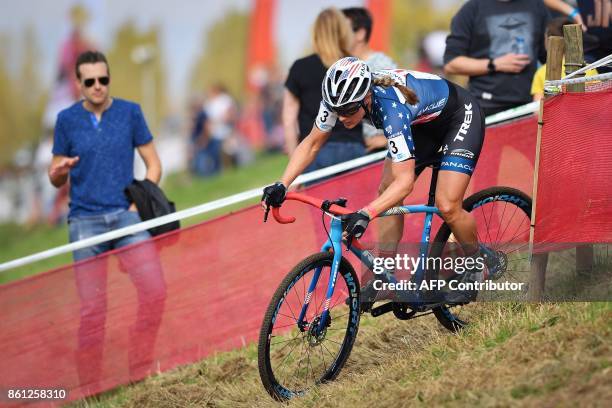 Katie Compton competes in the women's elite race at the 'Poldercross' cyclocross cycling race in Bazel, Kruibeke, the 3rd race of the Brico Cross...