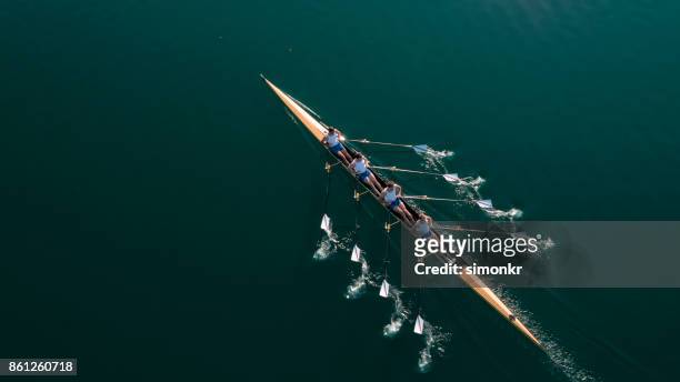 four male athletes sculling on lake in sunshine - sport imagens e fotografias de stock