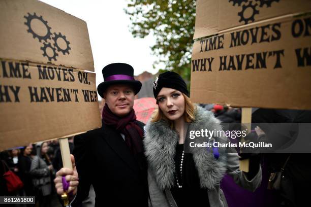 Protestors take part in the Rally for Choice march on October 14, 2017 in Belfast, Northern Ireland. The pro choice marchers are demanding equal...