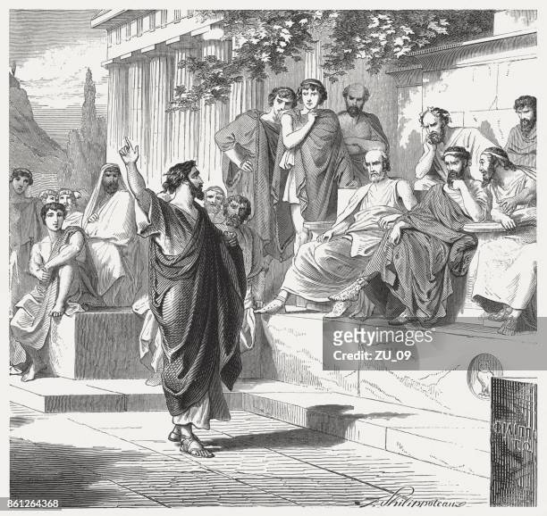 paul preaches in athens (acts 17), wood engraving, published 1886 - ancient stock illustrations