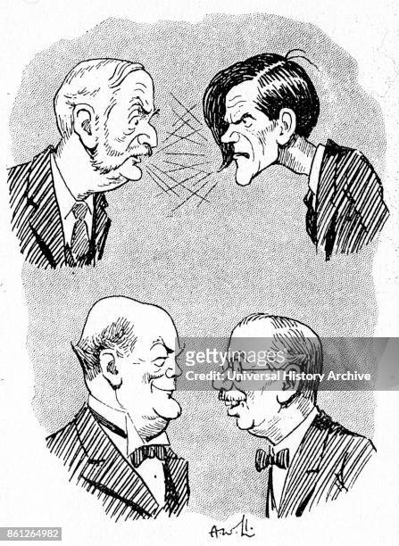 Cartoon depicting a dispute between George Lansbury , James Maxton , Douglas Hogg, 1st Viscount Hailsham and James Henry Thomas . Dated 20th Century.