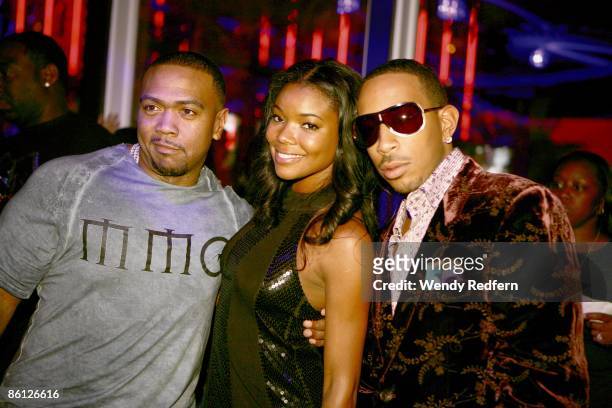 Photo of LUDACRIS and TIMBALAND and Gabrielle UNION; L-R music producer Timbaland, actress Gabrielle Union and rapper Ludacris